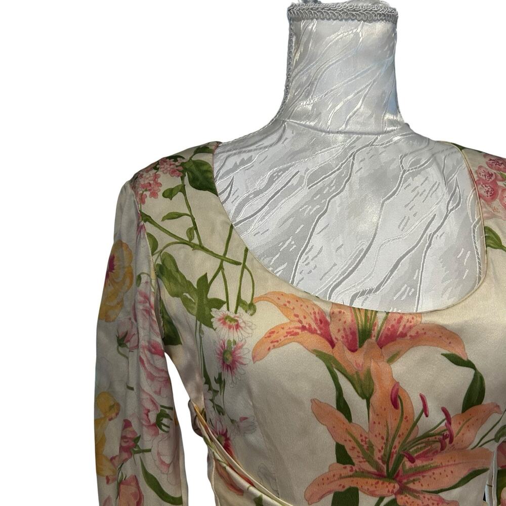 Bill Blass Vintage 80s Silk Floral Sheath Dress Ruched Waist Long Sleeve XS - Picture 9 of 13